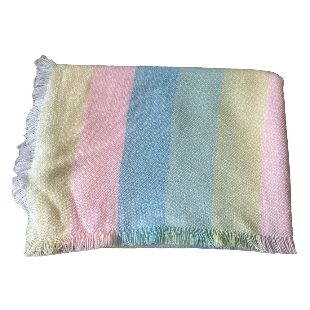 Vintage Acrylic Baby Blanket Pastel Stripe Fringe Receiving Pink Blue Yellow